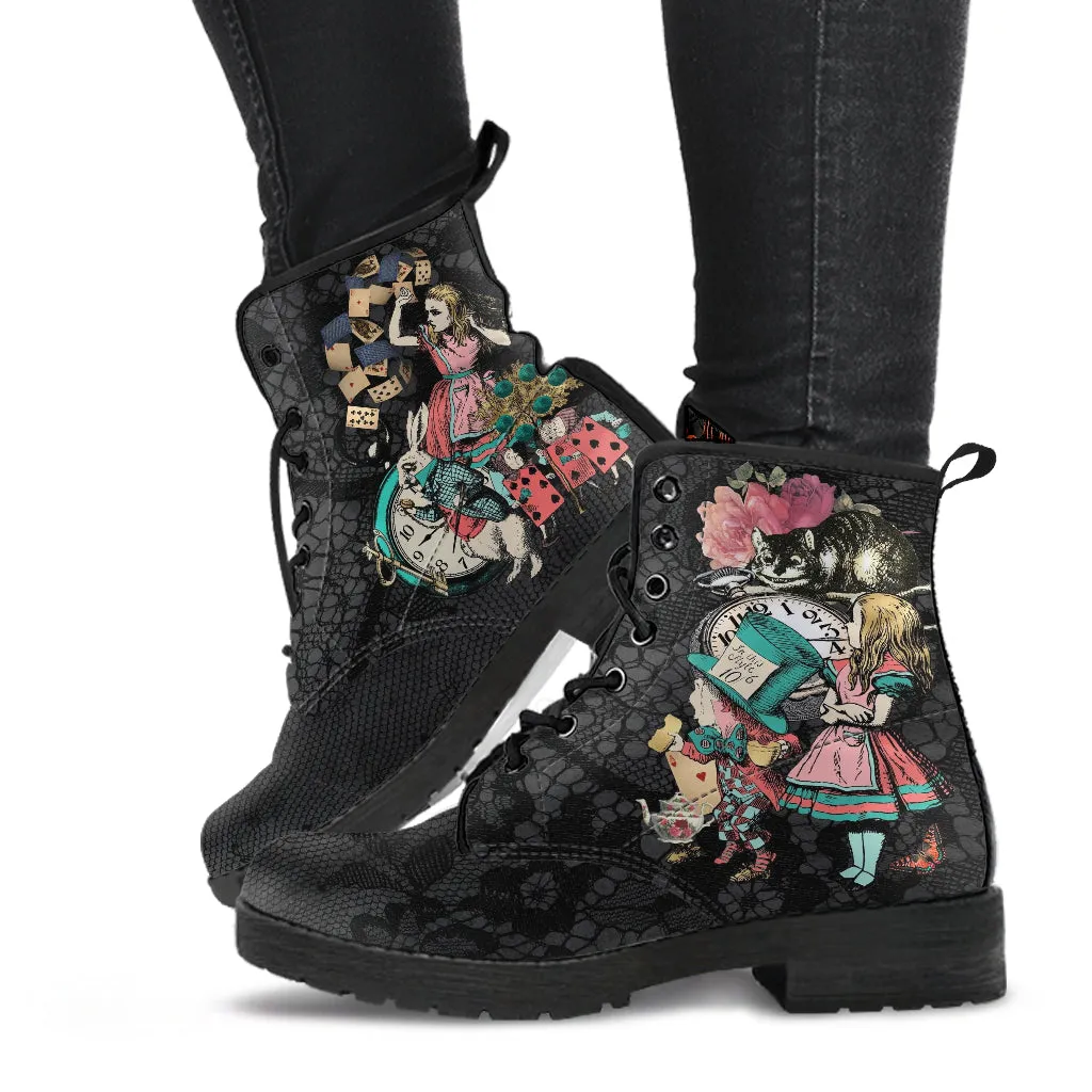 Alice in Wonderland Boots - Alice in Wonderland Gifts #101 Coral Series, Black Lace Print | Birthday Gift Idea, Women's Custom Shoes