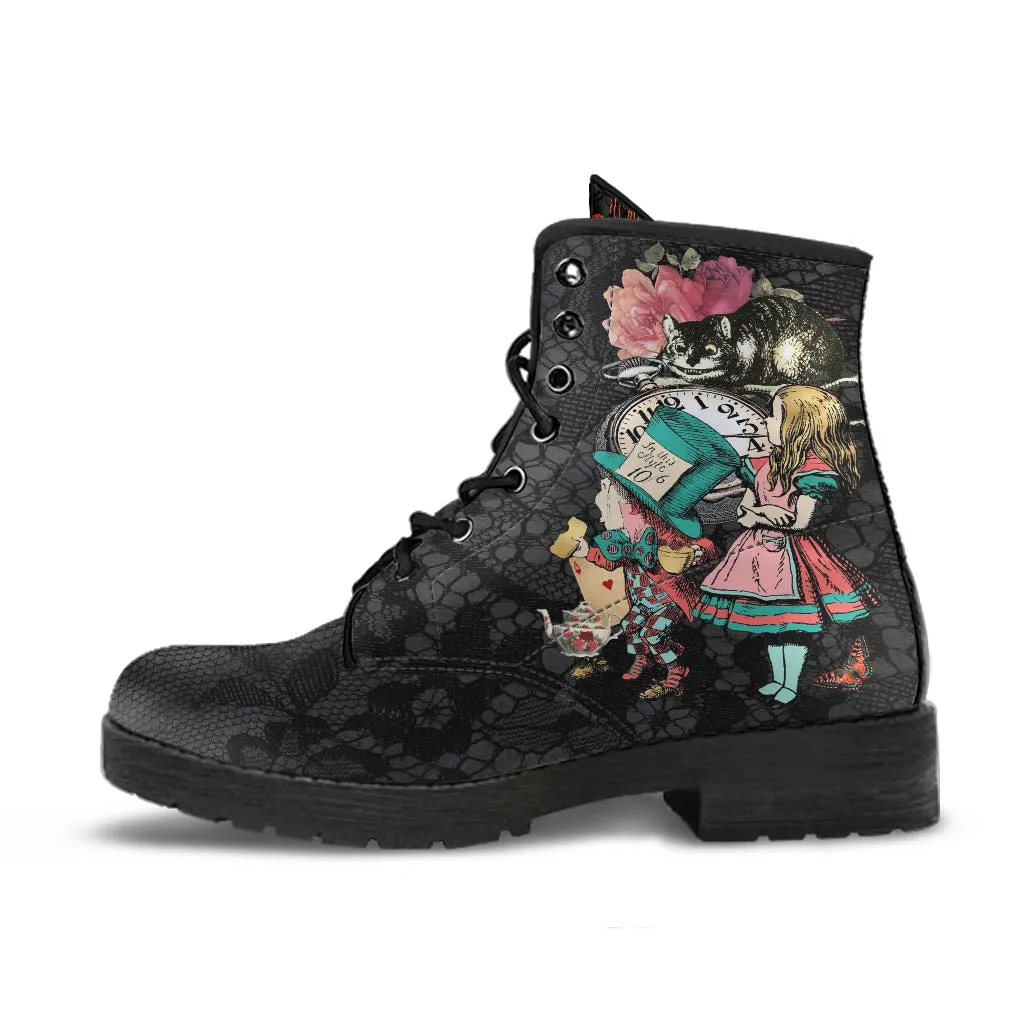 Alice in Wonderland Boots - Alice in Wonderland Gifts #101 Coral Series, Black Lace Print | Birthday Gift Idea, Women's Custom Shoes