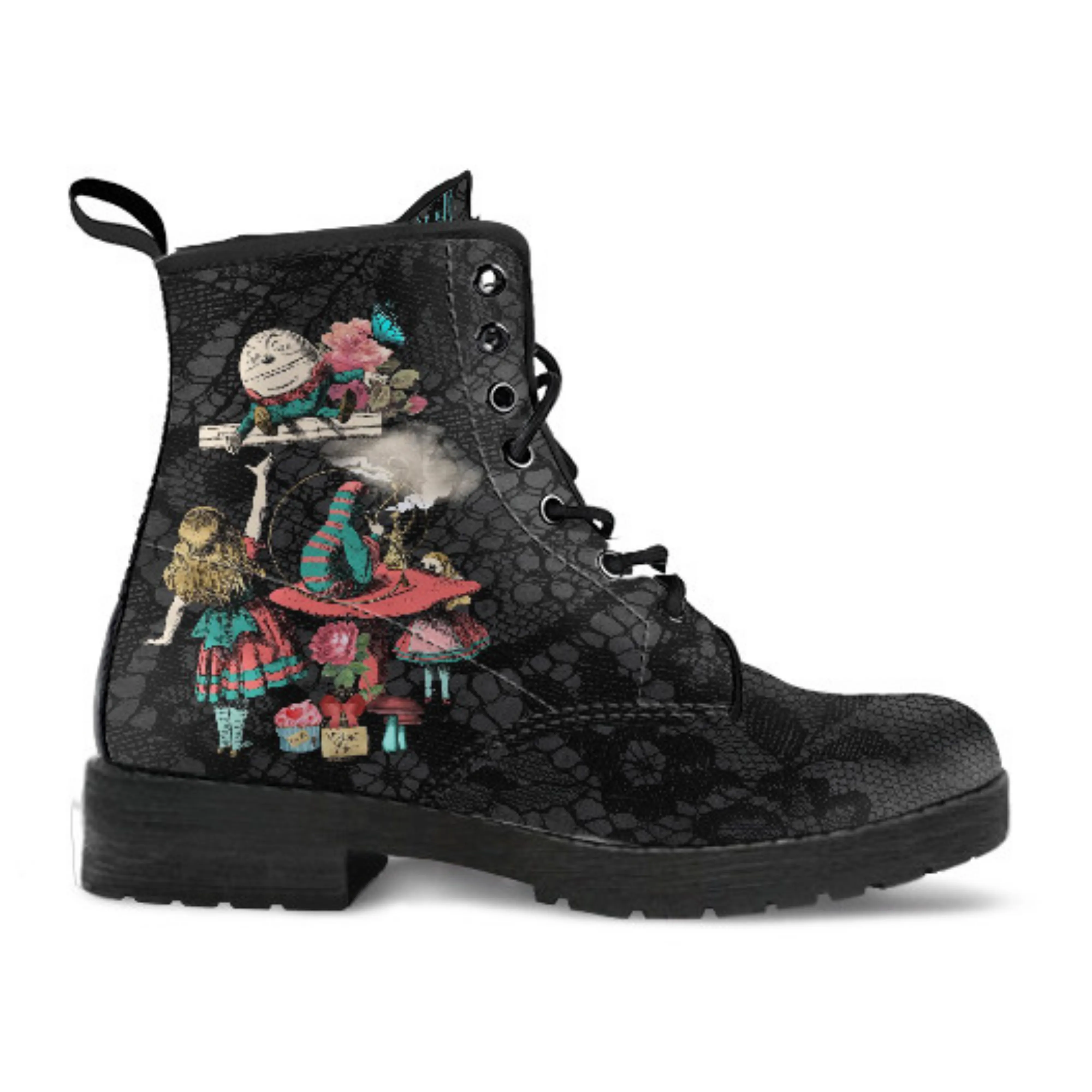 Alice in Wonderland Boots - Alice in Wonderland Gifts #101 Coral Series, Black Lace Print | Birthday Gift Idea, Women's Custom Shoes