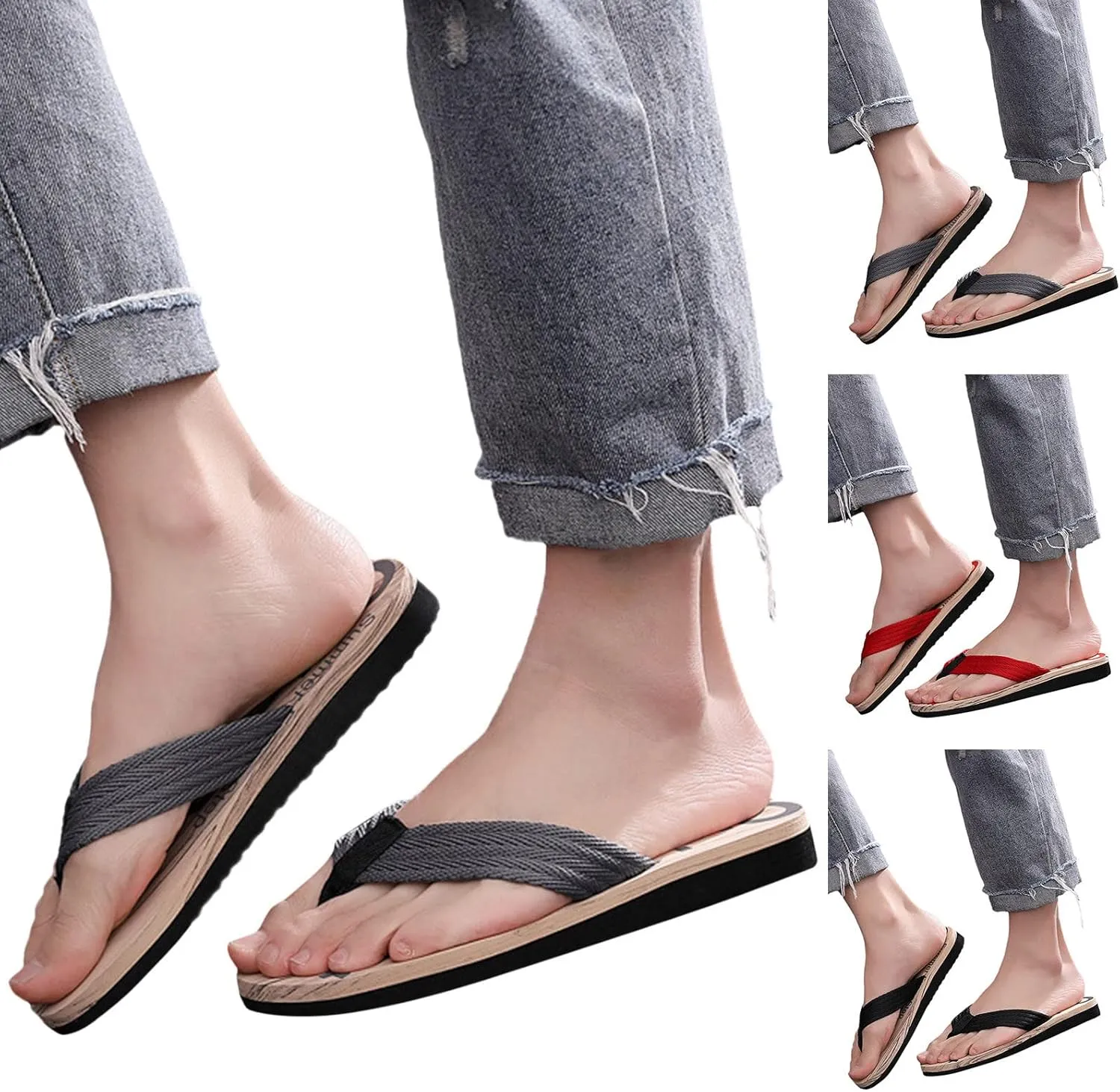 Beach Slippers Arch Support Fashion Spring And Summer Men Flip Flops Flat Bottom Lightweight Non Slip Wood Grain Casual Beach