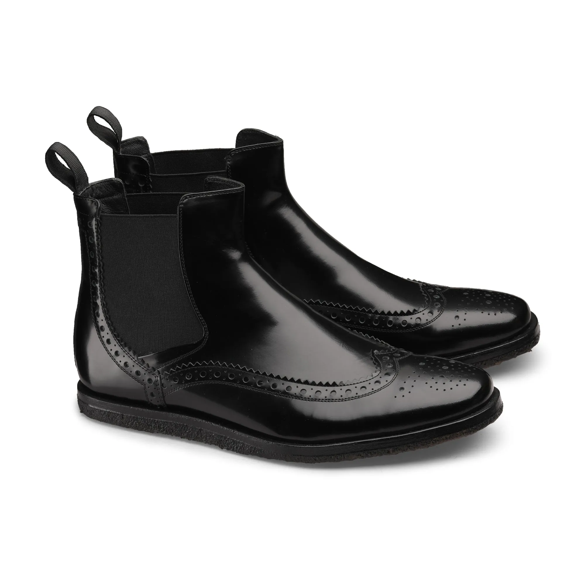 Black Semi-Patent Ankle Boots with Brogue Pattern