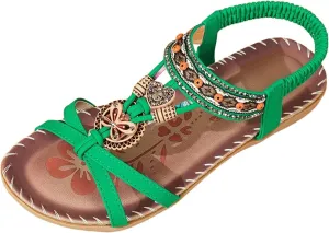 Bohemian Wedge Sandals for Women Summer Dressy Rhinestone Low Heel Beach Sandals Open Toe Flower Slip On Dress Shoes