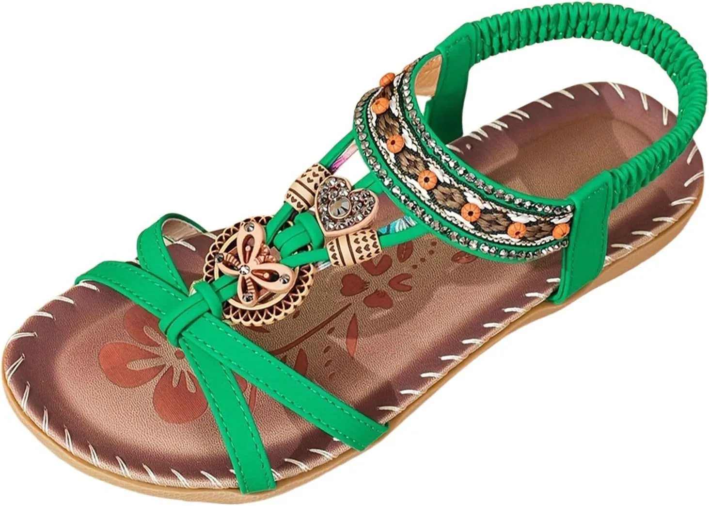 Bohemian Wedge Sandals for Women Summer Dressy Rhinestone Low Heel Beach Sandals Open Toe Flower Slip On Dress Shoes