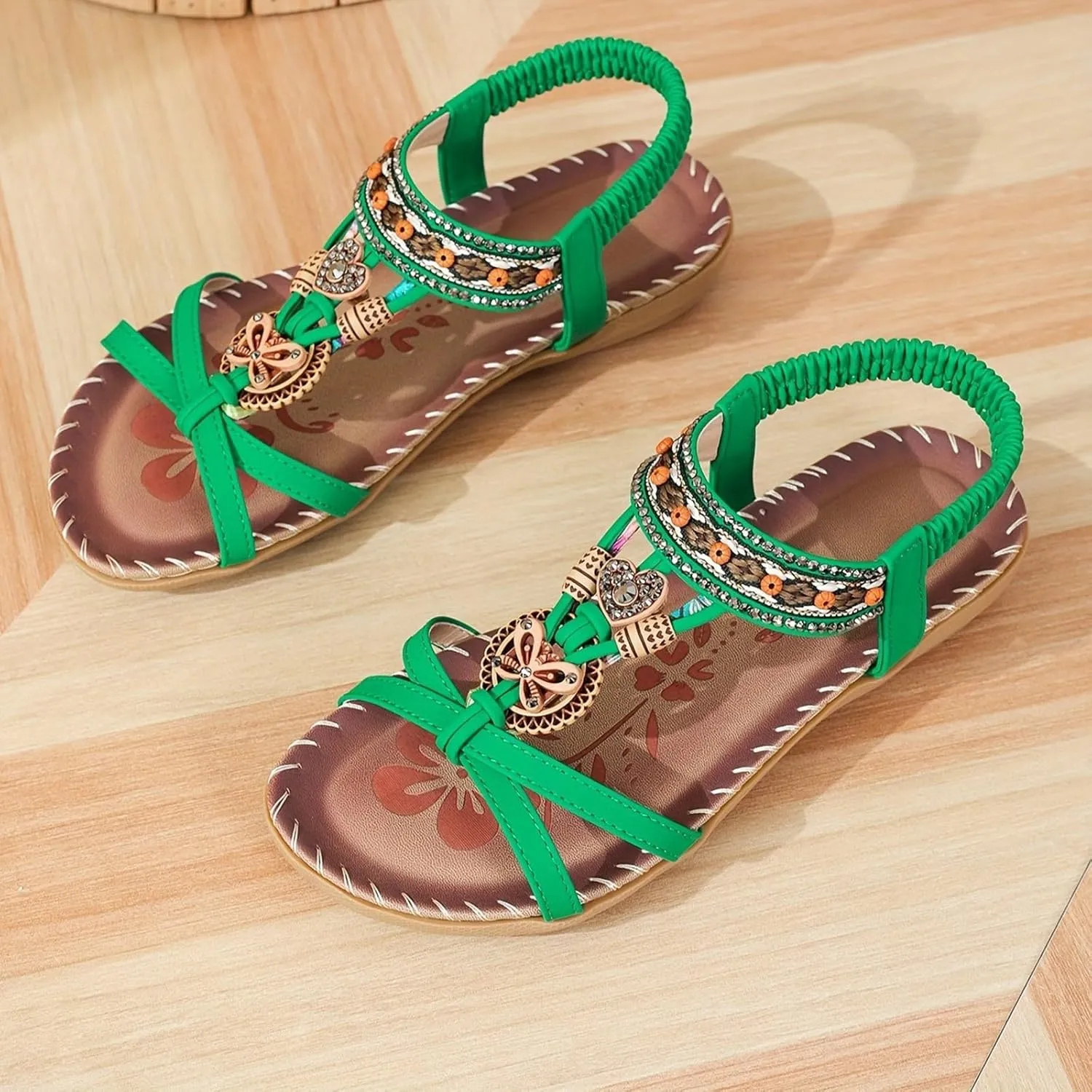 Bohemian Wedge Sandals for Women Summer Dressy Rhinestone Low Heel Beach Sandals Open Toe Flower Slip On Dress Shoes