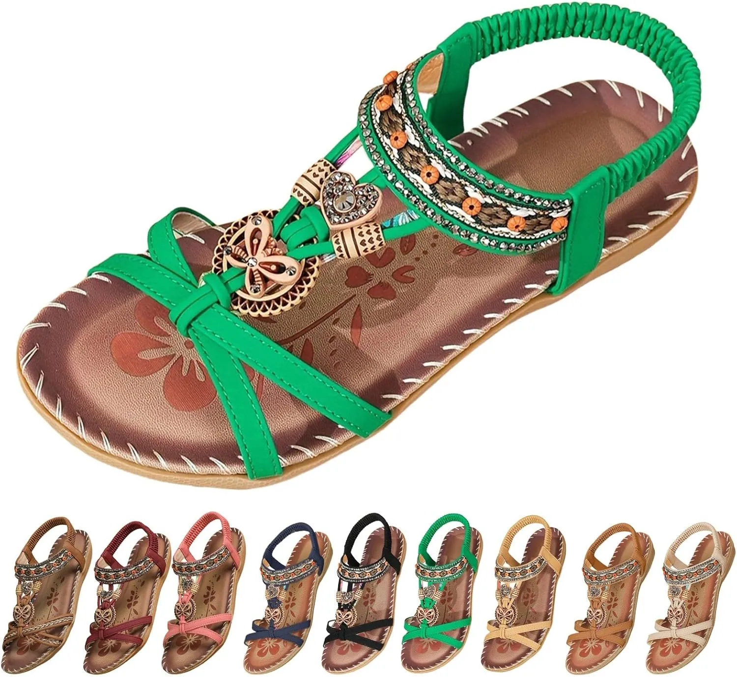 Bohemian Wedge Sandals for Women Summer Dressy Rhinestone Low Heel Beach Sandals Open Toe Flower Slip On Dress Shoes