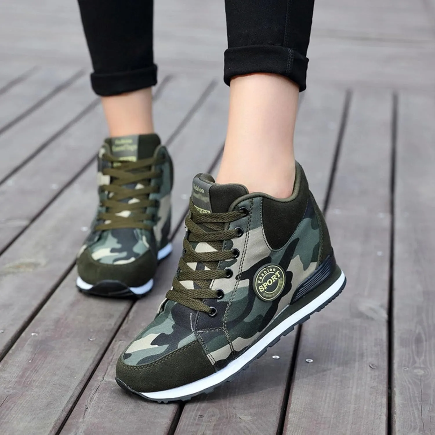 Camo Canvas Chunky Sneakers for Women & Girls, 2-Inch Height Increase, Lightweight Casual Shoes for Hiking, Walking, Streetwear