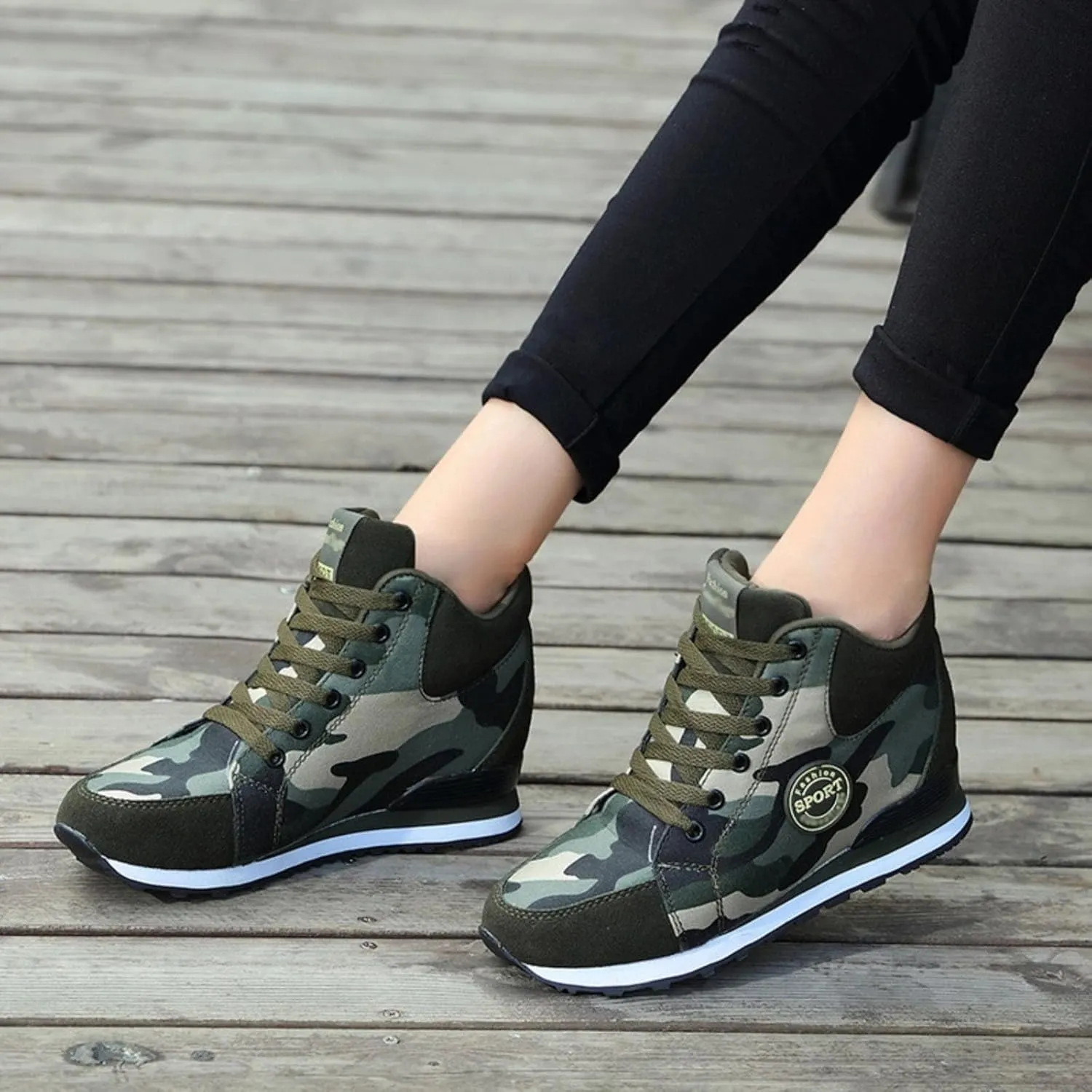 Camo Canvas Chunky Sneakers for Women & Girls, 2-Inch Height Increase, Lightweight Casual Shoes for Hiking, Walking, Streetwear