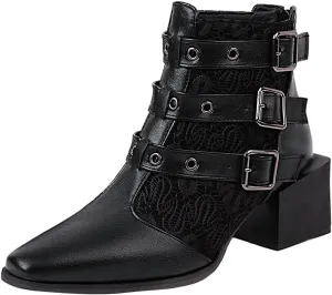 Colorblock Ankle Boots for Women - Fashion Pointed Toe Three Buckles Strap Back Zipper Chunky Mid Heel Motorcycle Boots Casual Ladies Shoes
