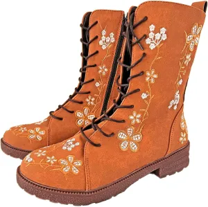 Crzidha Women Combat Boots,Stylish Floral Embroidery Hiking Riding Boots Round Toe Low Heel Long Strappy Lace Up High Top Boots Comfy Winter Walking Daily Work Outdoor Travel Shoes for Women