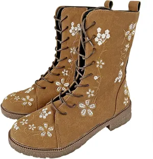 Crzidha Women Combat Boots,Stylish Floral Embroidery Hiking Riding Boots Round Toe Low Heel Long Strappy Lace Up High Top Boots Comfy Winter Walking Daily Work Outdoor Travel Shoes for Women