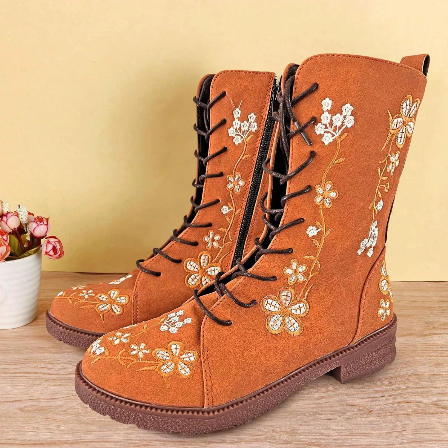 Crzidha Women Combat Boots,Stylish Floral Embroidery Hiking Riding Boots Round Toe Low Heel Long Strappy Lace Up High Top Boots Comfy Winter Walking Daily Work Outdoor Travel Shoes for Women