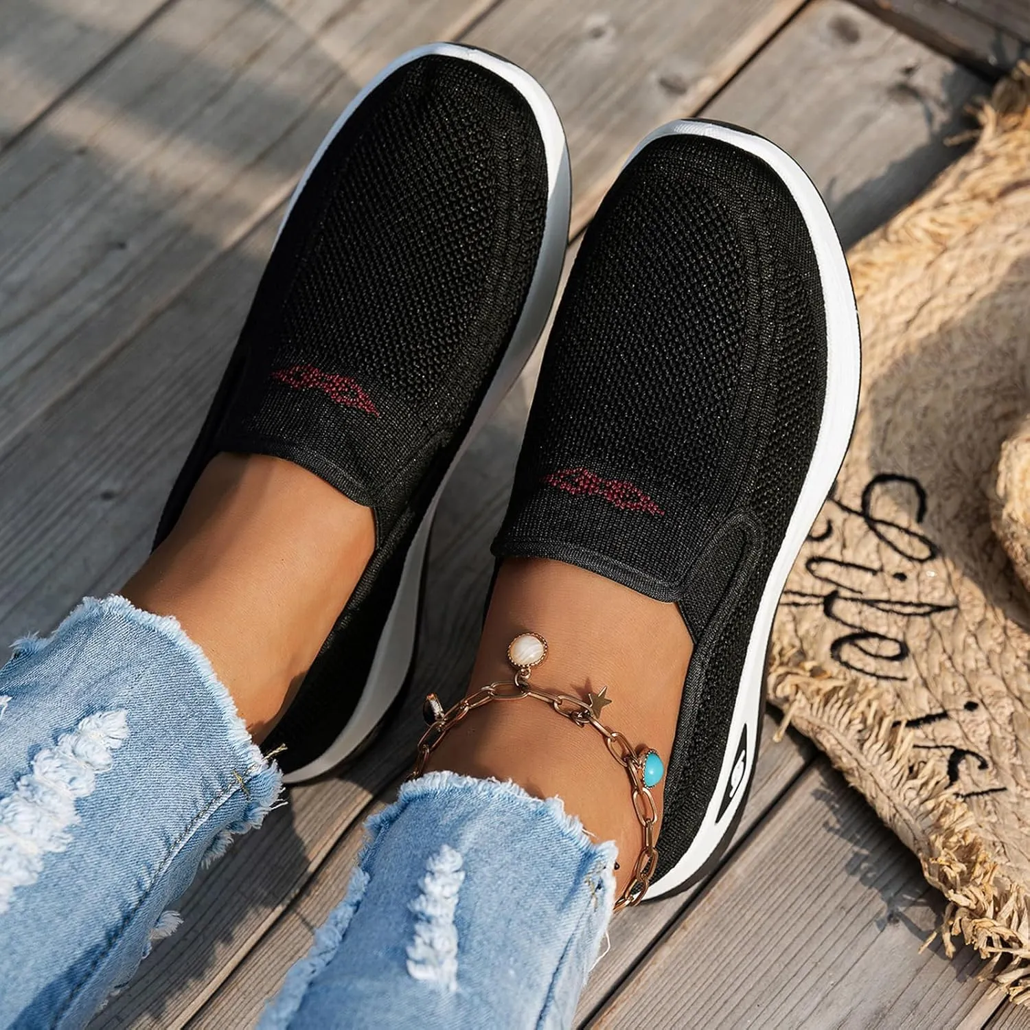 Diabetic Shoes for Women Arch Support Orthopedic Sneakers Lightweight Breathable Mesh Woven Slip-On Sneakers Non-Slip Athletic Gym Running Shoes Trendy Casual Comfortable Loafers