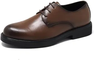 Dress Oxford for Men Lace Up Round Burnished Toe Derby Shoes Vegan Leather Block Heel Low Top Slip Resistant Party (Color : Brown, Size : 7)