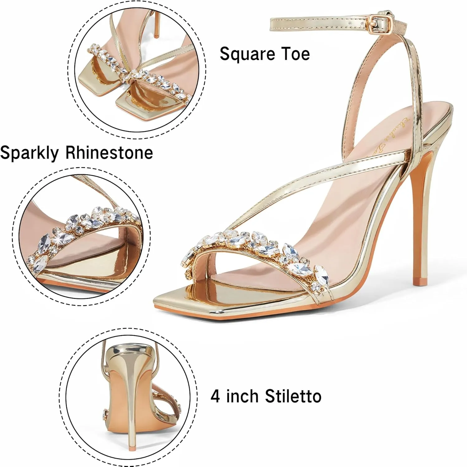 Elisabet Tang Women??s Crystal Stilettos Heeled Sandals, 4 Inch Square Open Toe Strappy Sexy High Heels Ankle Strap Buckle Heels for Party Wedding Dress Daily Wear Shoes