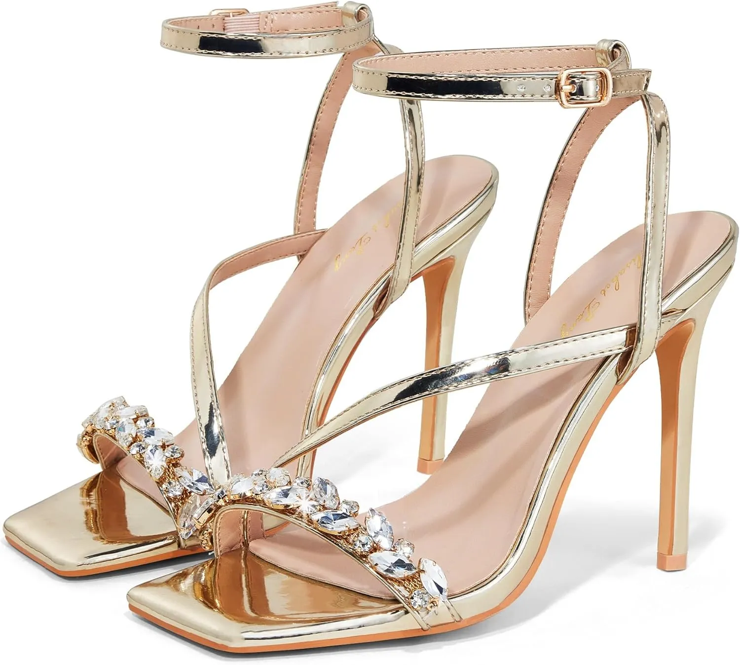 Elisabet Tang Women??s Crystal Stilettos Heeled Sandals, 4 Inch Square Open Toe Strappy Sexy High Heels Ankle Strap Buckle Heels for Party Wedding Dress Daily Wear Shoes