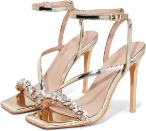 Elisabet Tang Women??s Crystal Stilettos Heeled Sandals, 4 Inch Square Open Toe Strappy Sexy High Heels Ankle Strap Buckle Heels for Party Wedding Dress Daily Wear Shoes