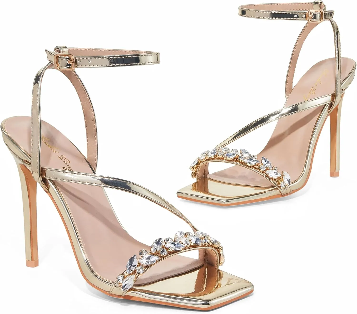 Elisabet Tang Women??s Crystal Stilettos Heeled Sandals, 4 Inch Square Open Toe Strappy Sexy High Heels Ankle Strap Buckle Heels for Party Wedding Dress Daily Wear Shoes