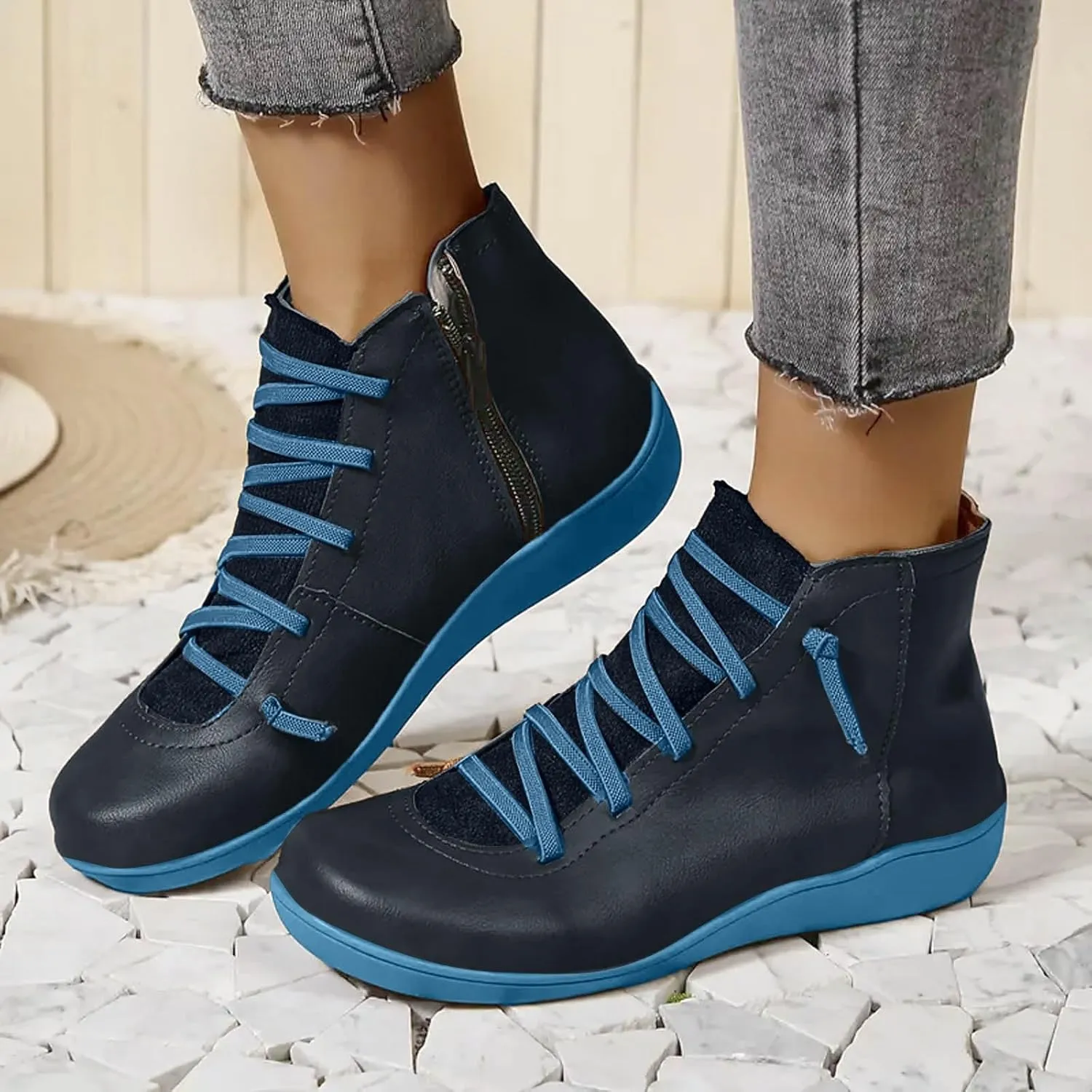 Fall Boots Womens Ankle Boots Arch Support Flat Heel Fashion Lace Up Zipper Booties Cowboy Walking Short Bootie