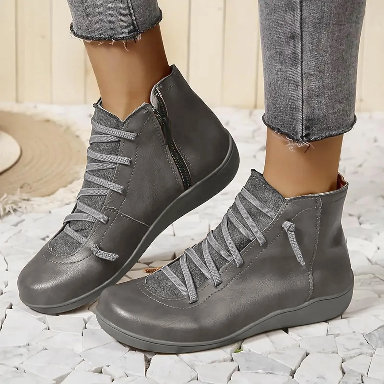 Fall Boots Womens Ankle Boots Arch Support Flat Heel Fashion Lace Up Zipper Booties Cowboy Walking Short Bootie