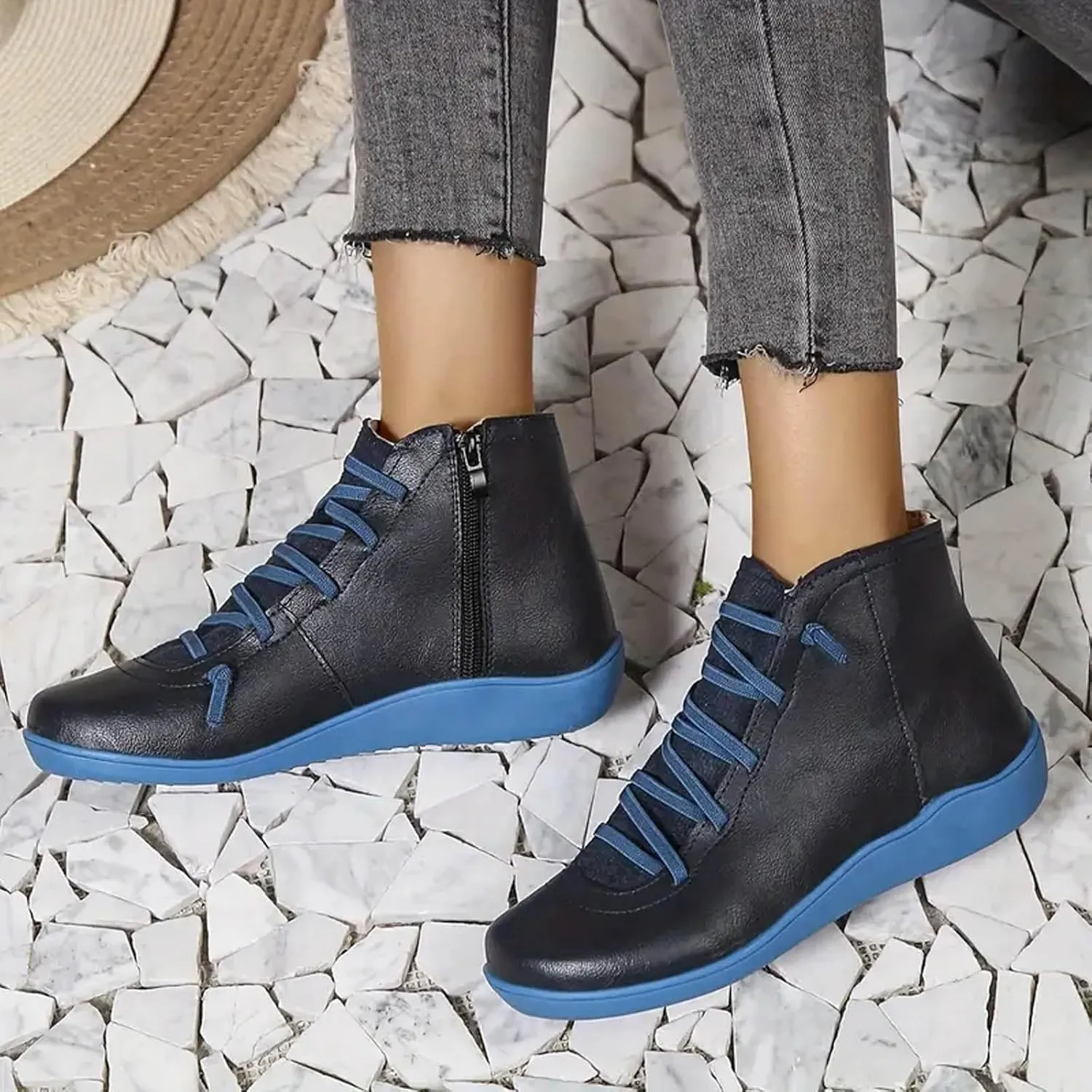 Fall Boots Womens Ankle Boots Arch Support Flat Heel Fashion Lace Up Zipper Booties Cowboy Walking Short Bootie
