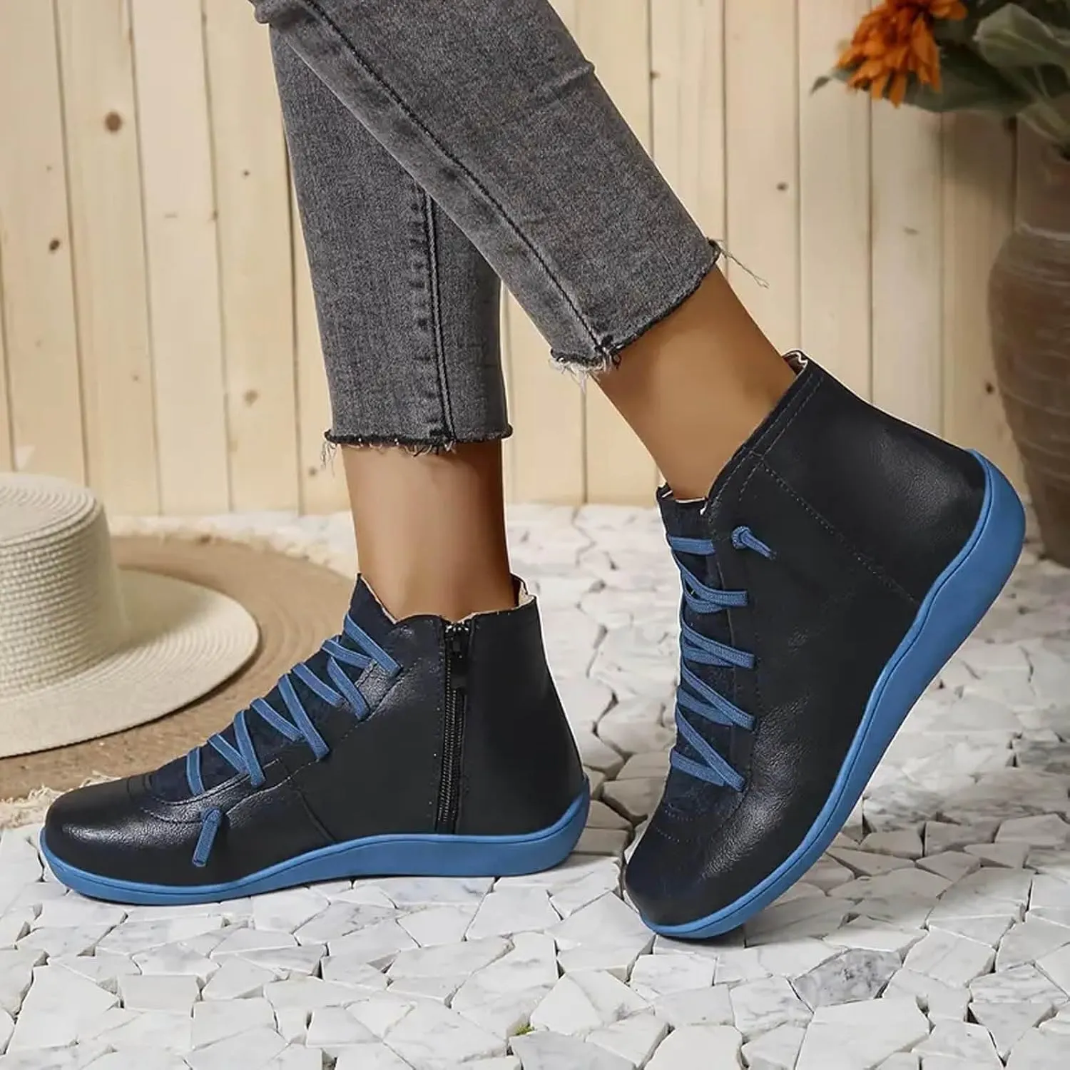 Fall Boots Womens Ankle Boots Arch Support Flat Heel Fashion Lace Up Zipper Booties Cowboy Walking Short Bootie