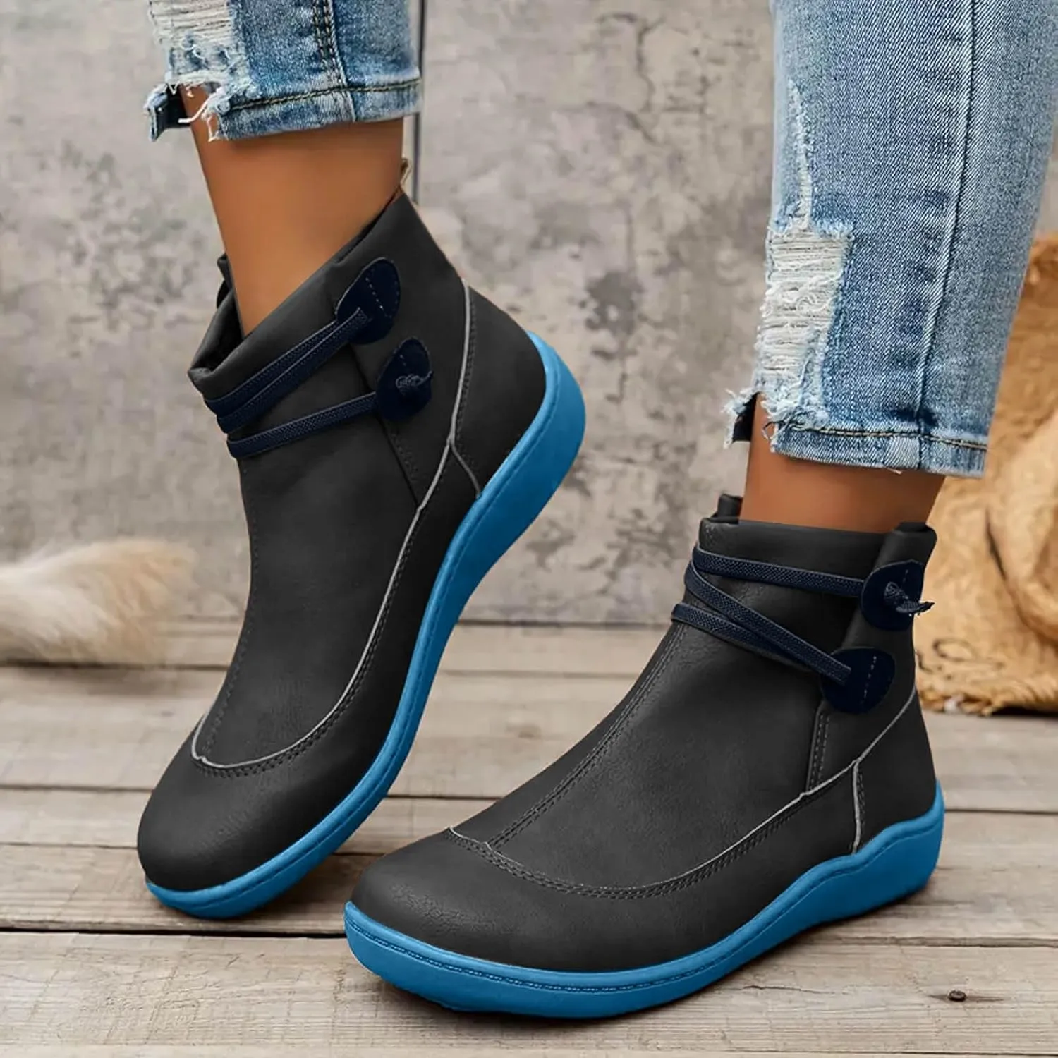 Fall Boots Womens Flat Western Ankle Boots Round Toe Cowboy Cowgirl Arch Support Walking Short Bootie