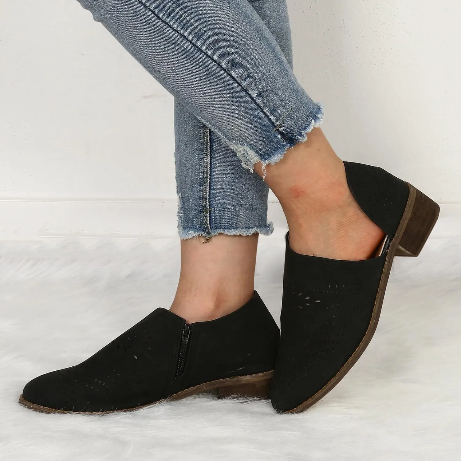 Fall Boots Womens Suede Ankle Boots Low Chunky Stacked Heel Comfy Almond Toe Casual Side V-Cut Slip On Short Boots