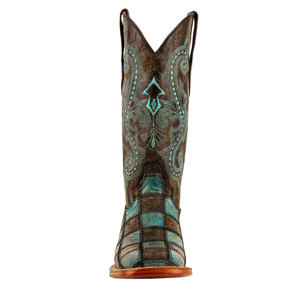 Ferrini Patchwork Ladies Black/Teal Full Grain Square Toe Leather Boots