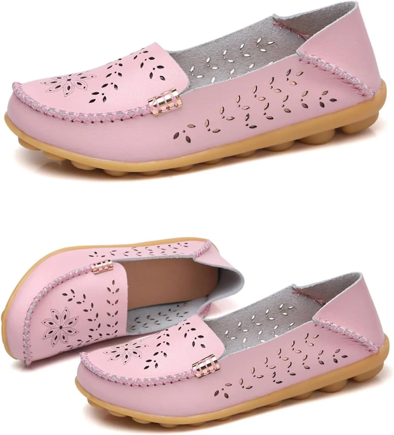 Flats for Women 2025 Round Toe Cushion Slip-On Shoes Lightweight Cutout Breathable Leather Loafers Fashion Driving Flats Shoes Summer Casual Walking Sandals