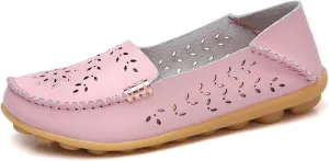Flats for Women 2025 Round Toe Cushion Slip-On Shoes Lightweight Cutout Breathable Leather Loafers Fashion Driving Flats Shoes Summer Casual Walking Sandals