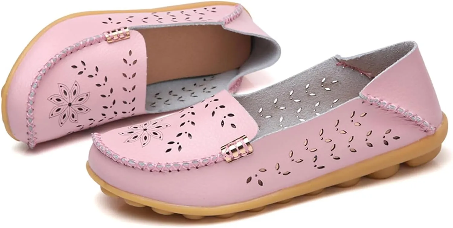 Flats for Women 2025 Round Toe Cushion Slip-On Shoes Lightweight Cutout Breathable Leather Loafers Fashion Driving Flats Shoes Summer Casual Walking Sandals