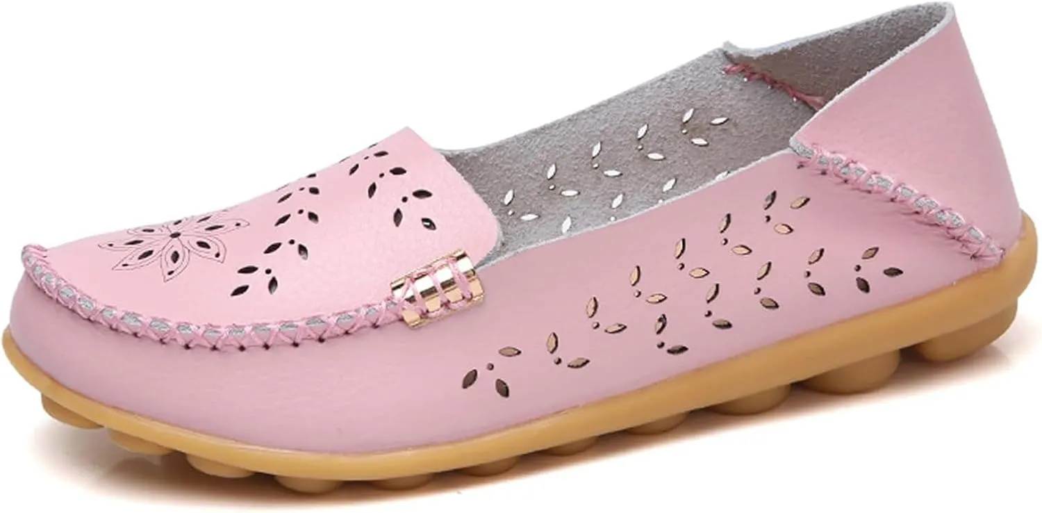 Flats for Women 2025 Round Toe Cushion Slip-On Shoes Lightweight Cutout Breathable Leather Loafers Fashion Driving Flats Shoes Summer Casual Walking Sandals