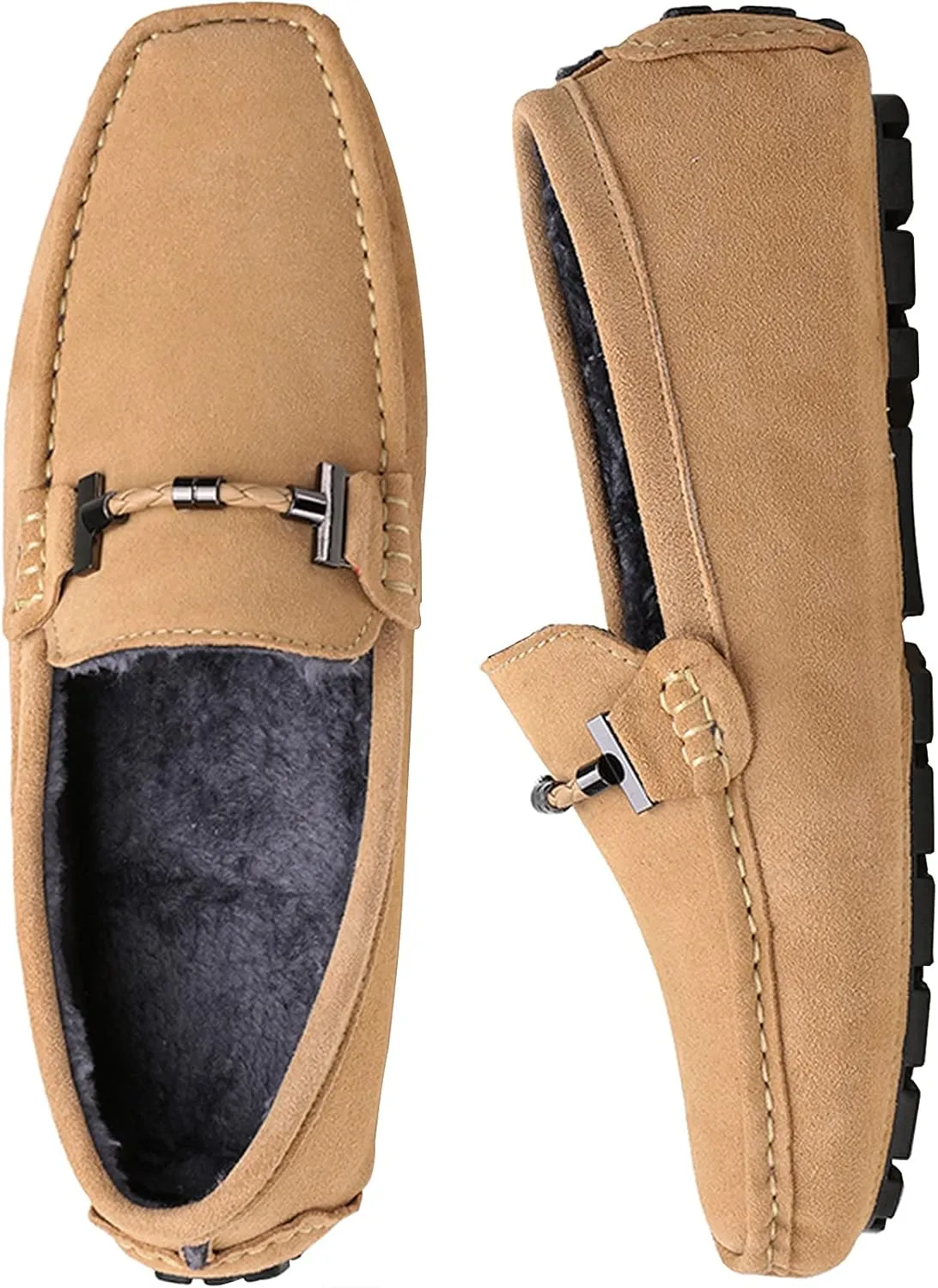 Fur Slippers Suede Leather Moccasin for Men Flat Loafer Casual Driving Slip On Winter Shoes