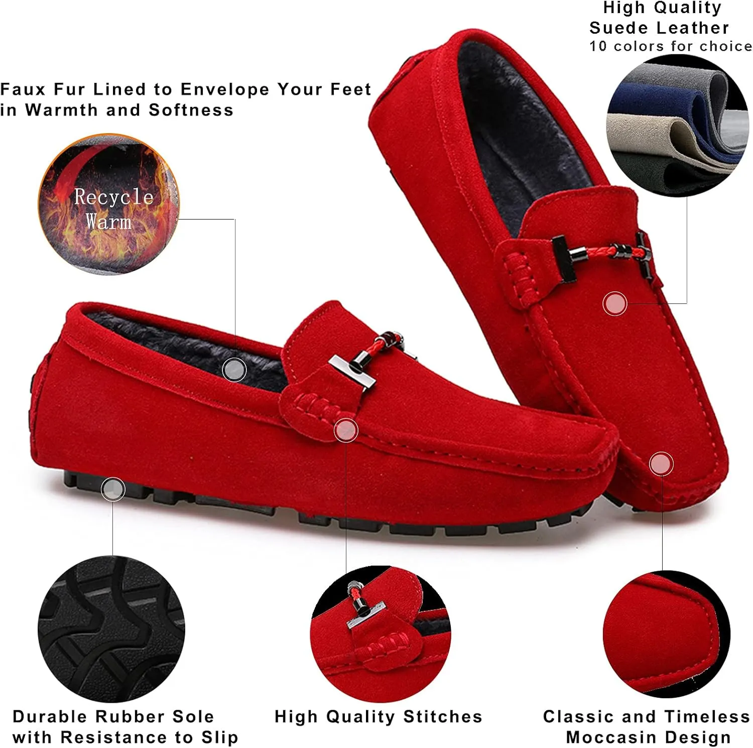 Fur Slippers Suede Leather Moccasin for Men Flat Loafer Casual Driving Slip On Winter Shoes