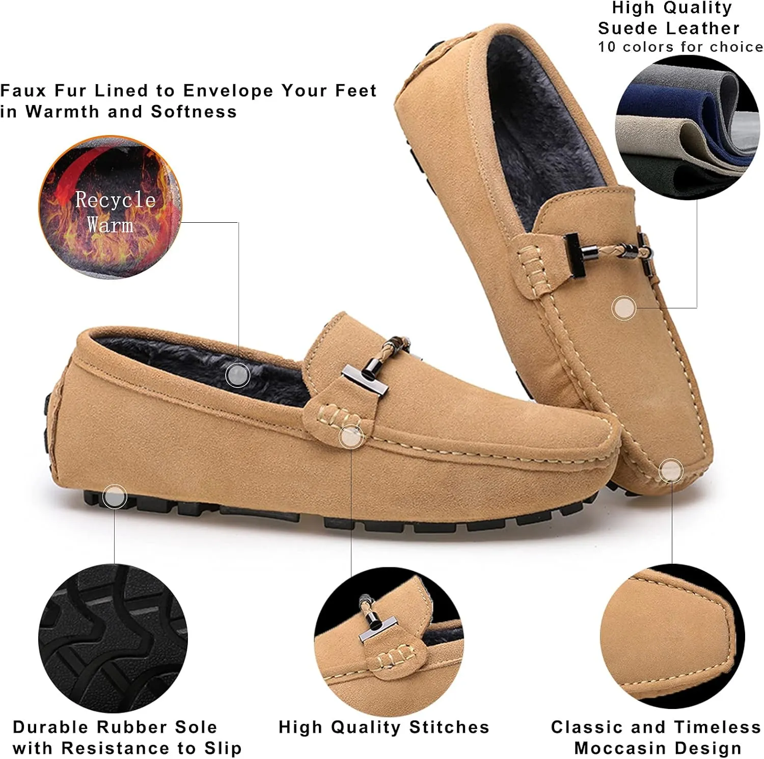 Fur Slippers Suede Leather Moccasin for Men Flat Loafer Casual Driving Slip On Winter Shoes