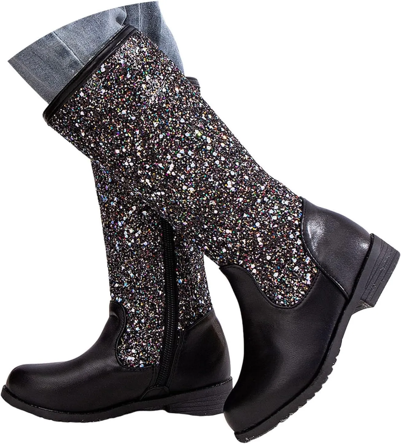 Girls Cowgirl Boots Mid Calf Square Toe Western Boot for Kids Sparkly Glitter Cowboy Boots Toddler Girls Riding Shoes