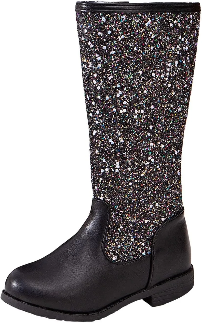 Girls Cowgirl Boots Mid Calf Square Toe Western Boot for Kids Sparkly Glitter Cowboy Boots Toddler Girls Riding Shoes