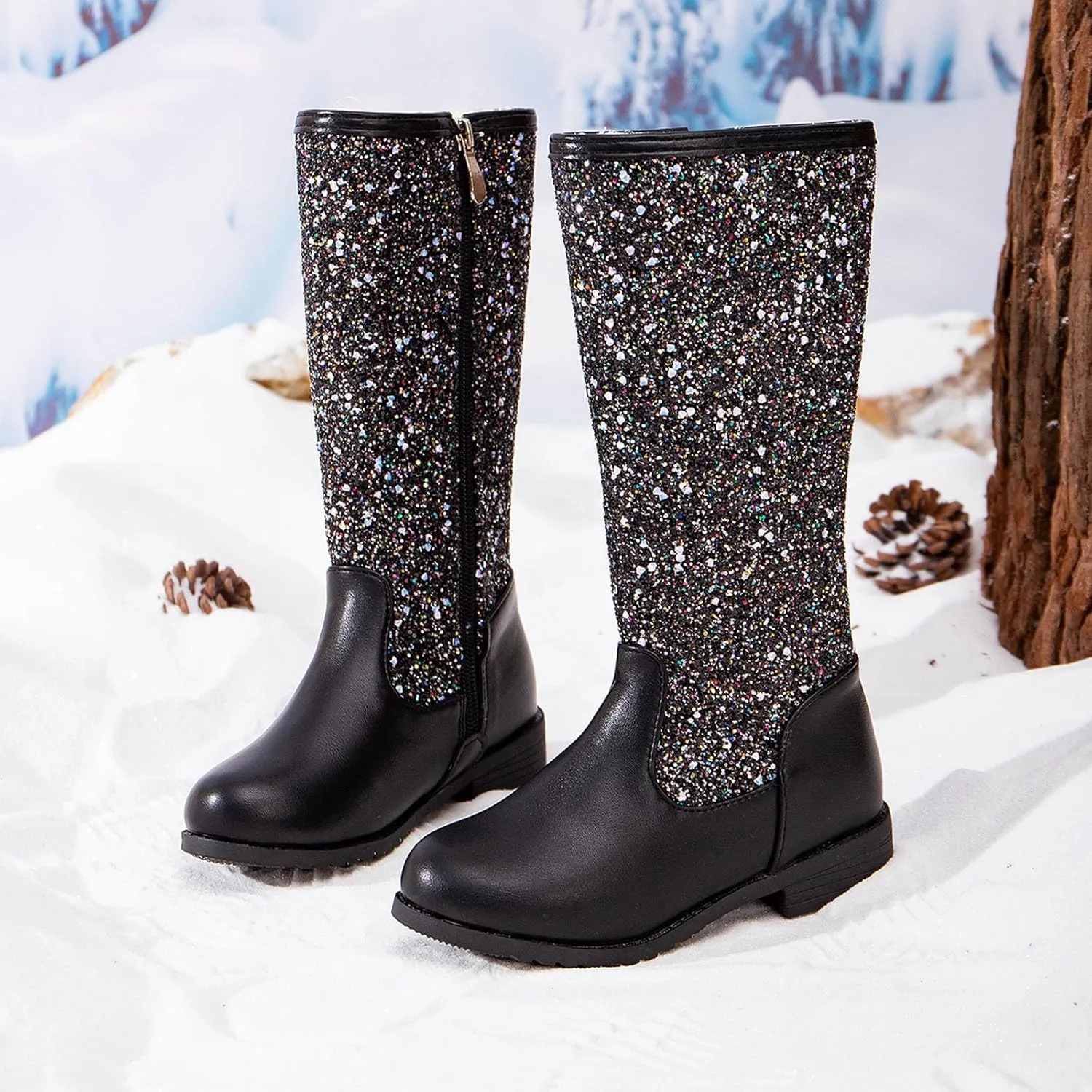 Girls Cowgirl Boots Mid Calf Square Toe Western Boot for Kids Sparkly Glitter Cowboy Boots Toddler Girls Riding Shoes