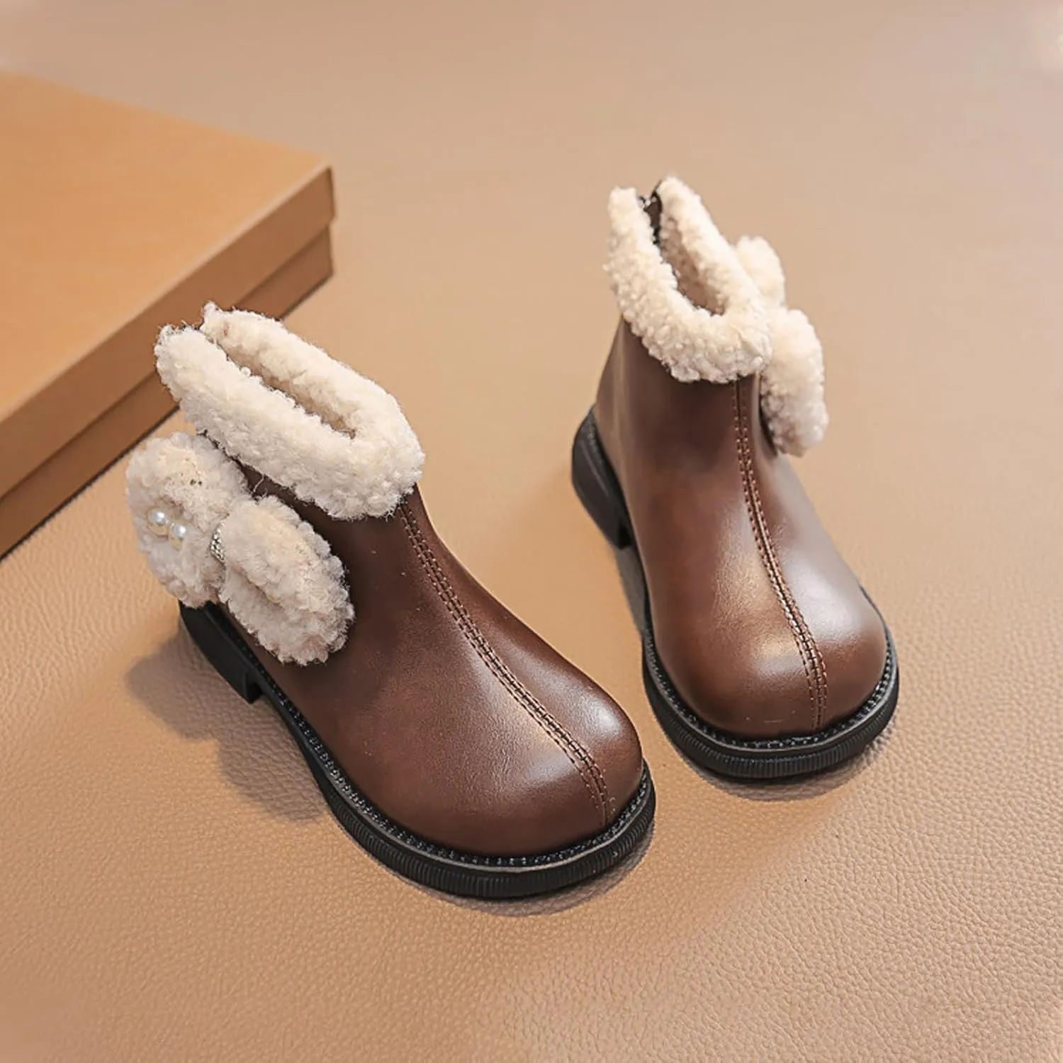 Girls Kids Leather Fuzzy Booties Cute Sole Non Slip Shoes Boots Winter Warm Comfy ??ow Heel Boots Childrens Ski Snow Boots
