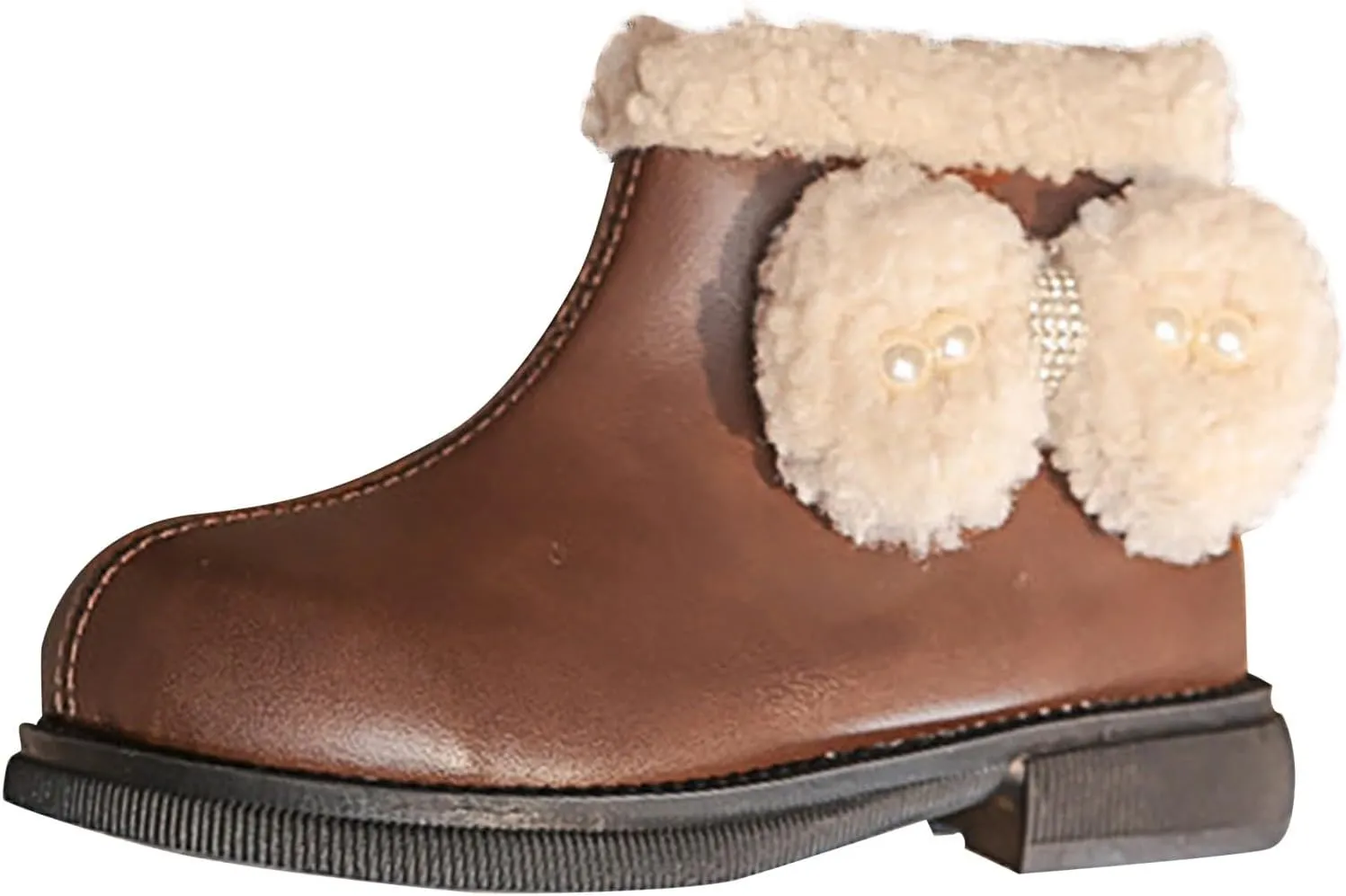 Girls Kids Leather Fuzzy Booties Cute Sole Non Slip Shoes Boots Winter Warm Comfy ??ow Heel Boots Childrens Ski Snow Boots