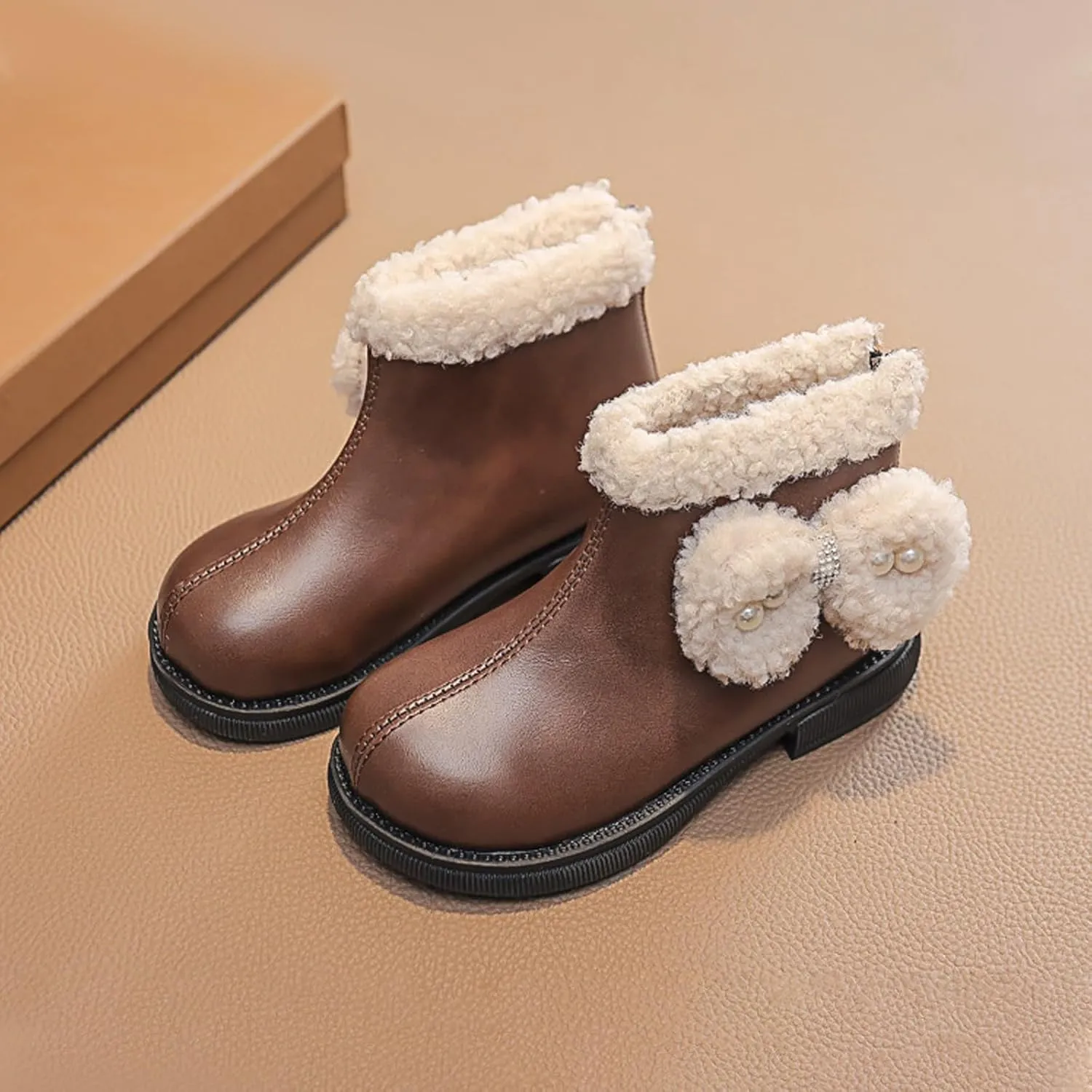 Girls Kids Leather Fuzzy Booties Cute Sole Non Slip Shoes Boots Winter Warm Comfy ??ow Heel Boots Childrens Ski Snow Boots