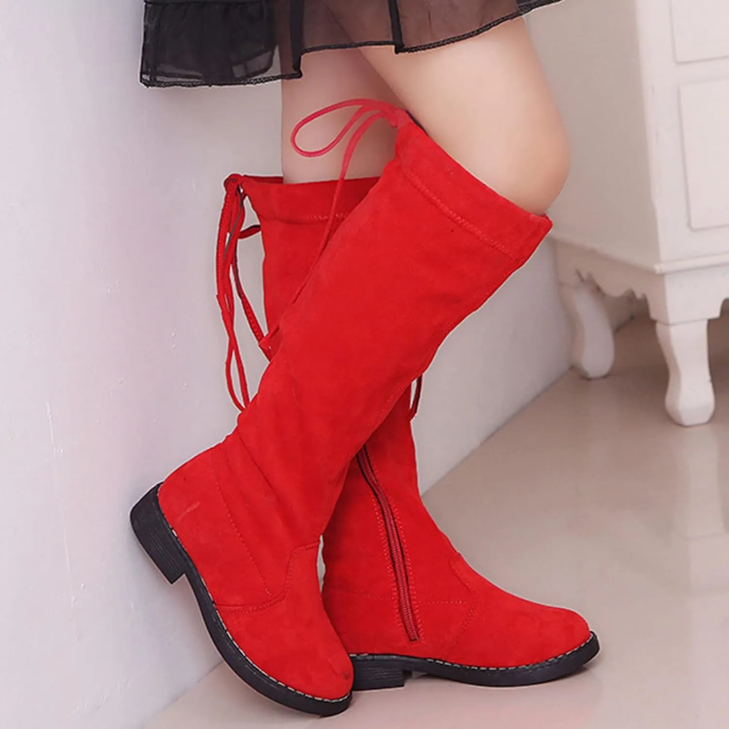 Girls Over The Knee Boots Thigh High Chunky Black Faux Lined Low Heel Boots Long Stretch Fall Winter Pointed Boots