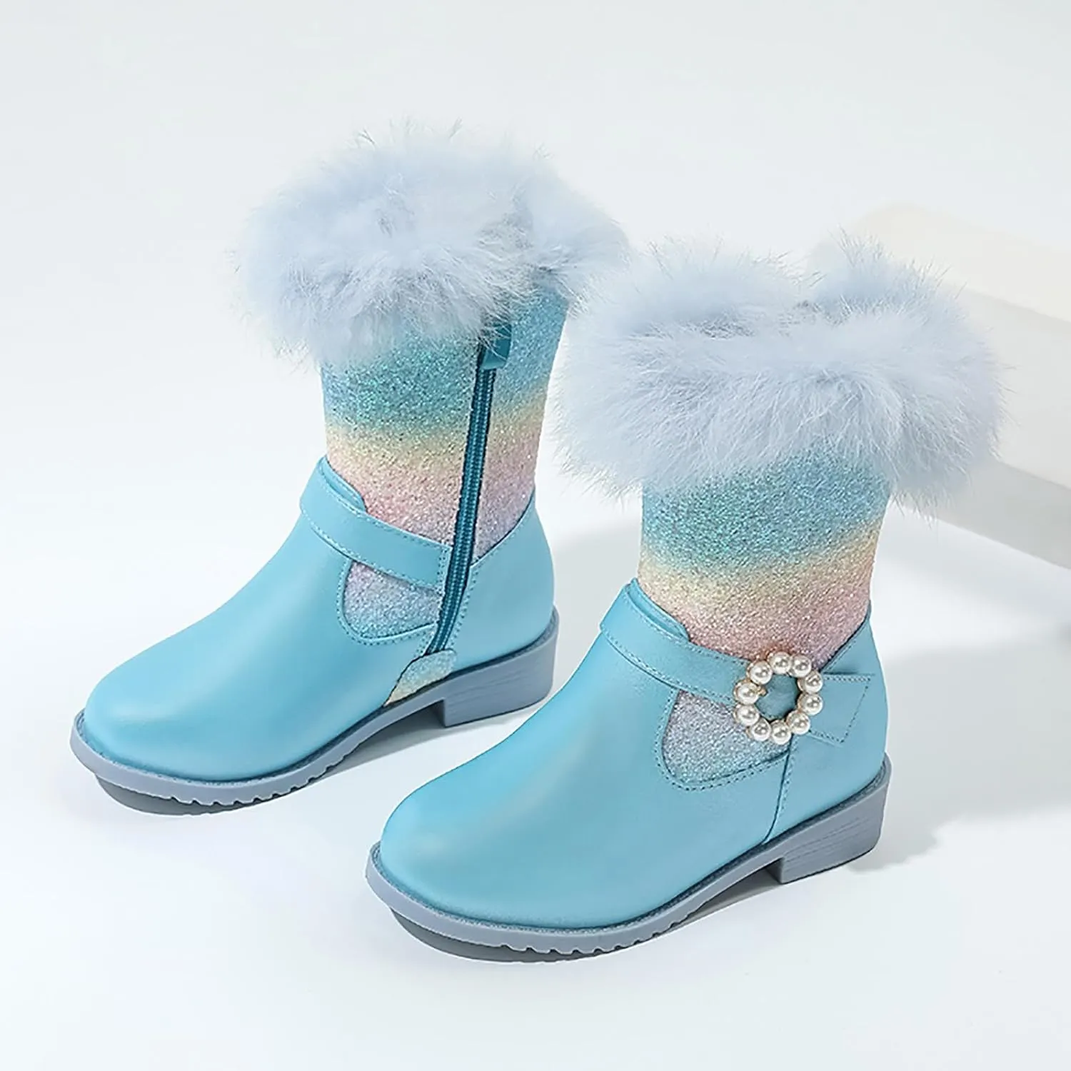 Girls Winter Low Heels Glitter Princess Boots Warm Fur Boots Rainbow Cowboy Ankle Boots Kids Party Birthday Dress Up Dance