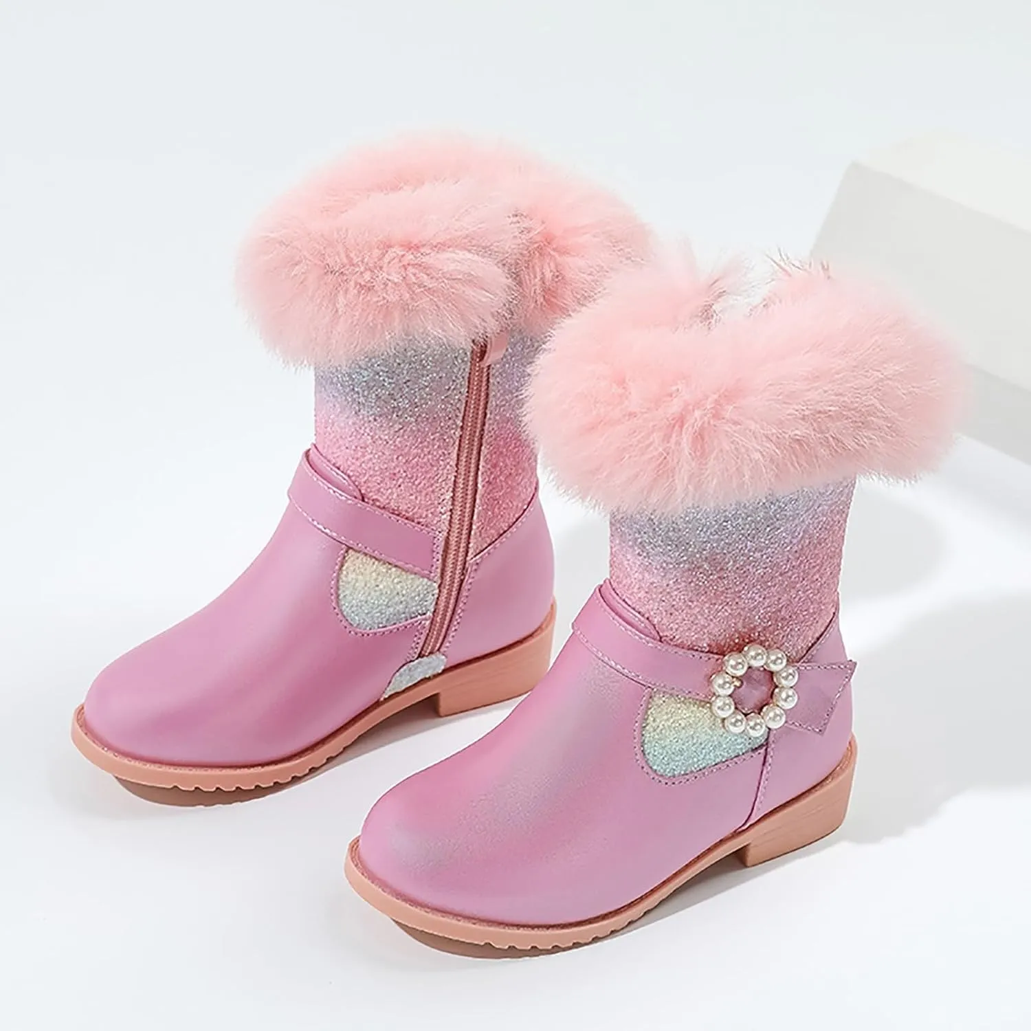 Girls Winter Low Heels Glitter Princess Boots Warm Fur Boots Rainbow Cowboy Ankle Boots Kids Party Birthday Dress Up Dance