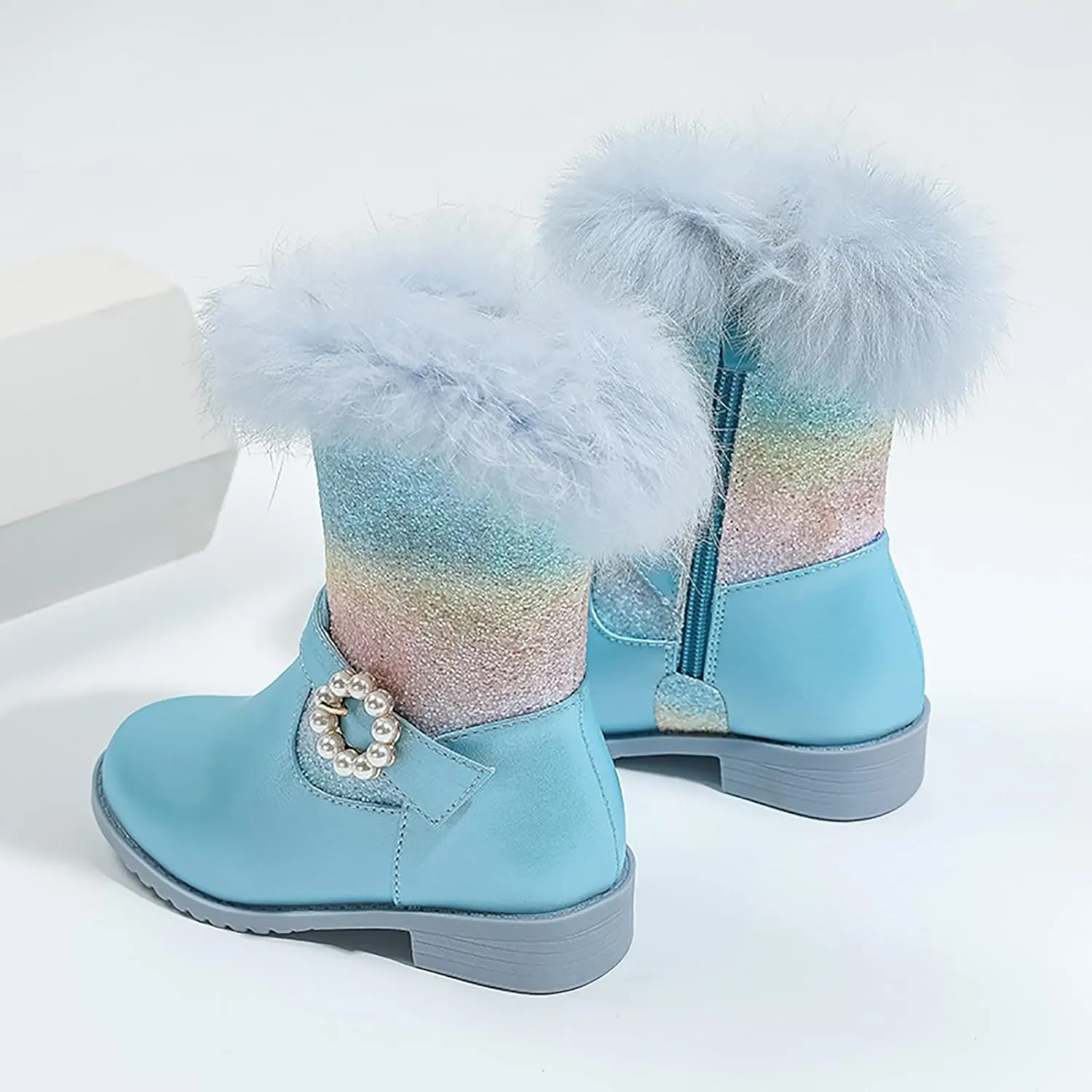 Girls Winter Low Heels Glitter Princess Boots Warm Fur Boots Rainbow Cowboy Ankle Boots Kids Party Birthday Dress Up Dance