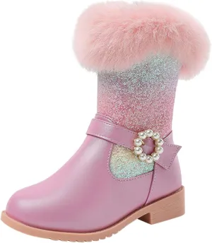 Girls Winter Low Heels Glitter Princess Boots Warm Fur Boots Rainbow Cowboy Ankle Boots Kids Party Birthday Dress Up Dance