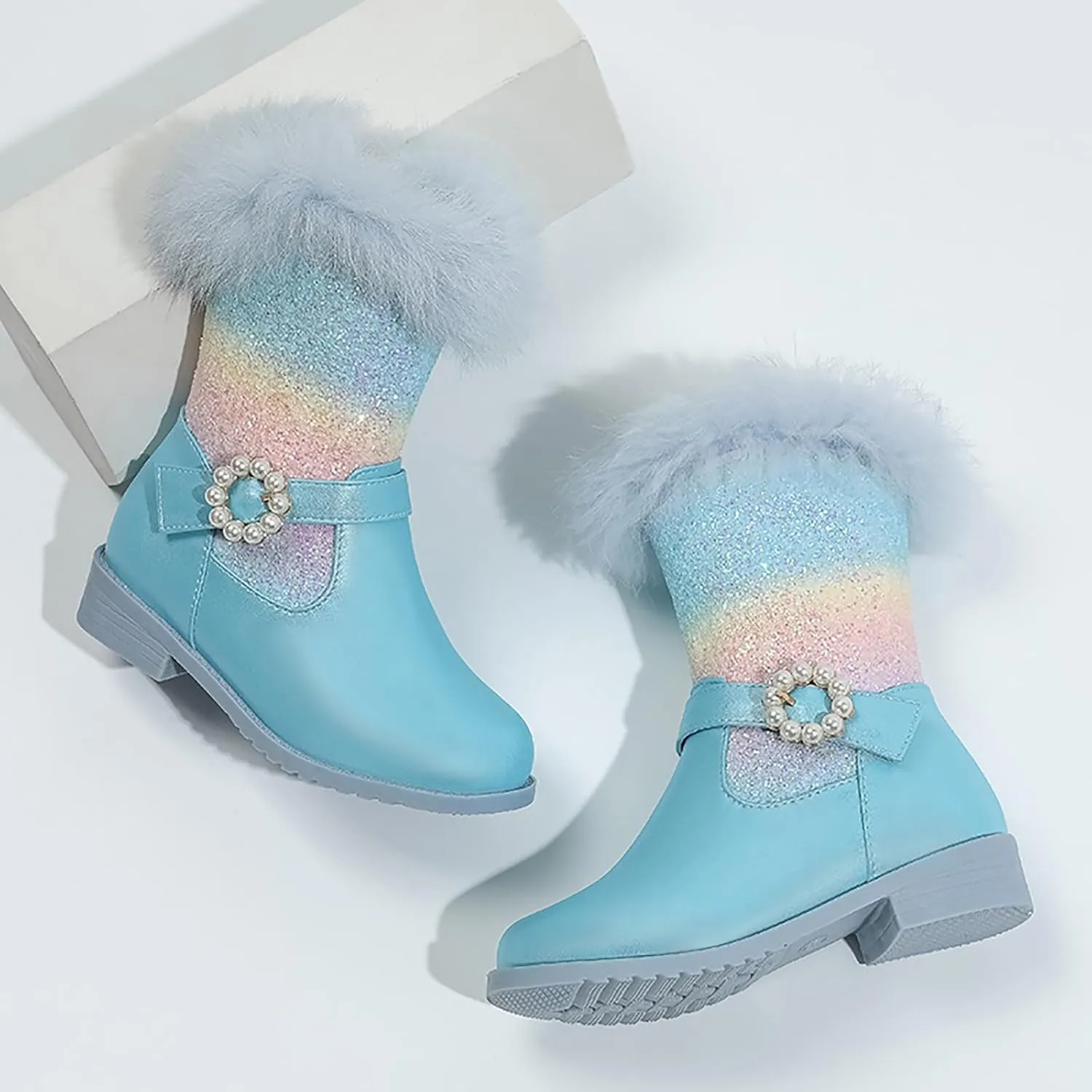 Girls Winter Low Heels Glitter Princess Boots Warm Fur Boots Rainbow Cowboy Ankle Boots Kids Party Birthday Dress Up Dance