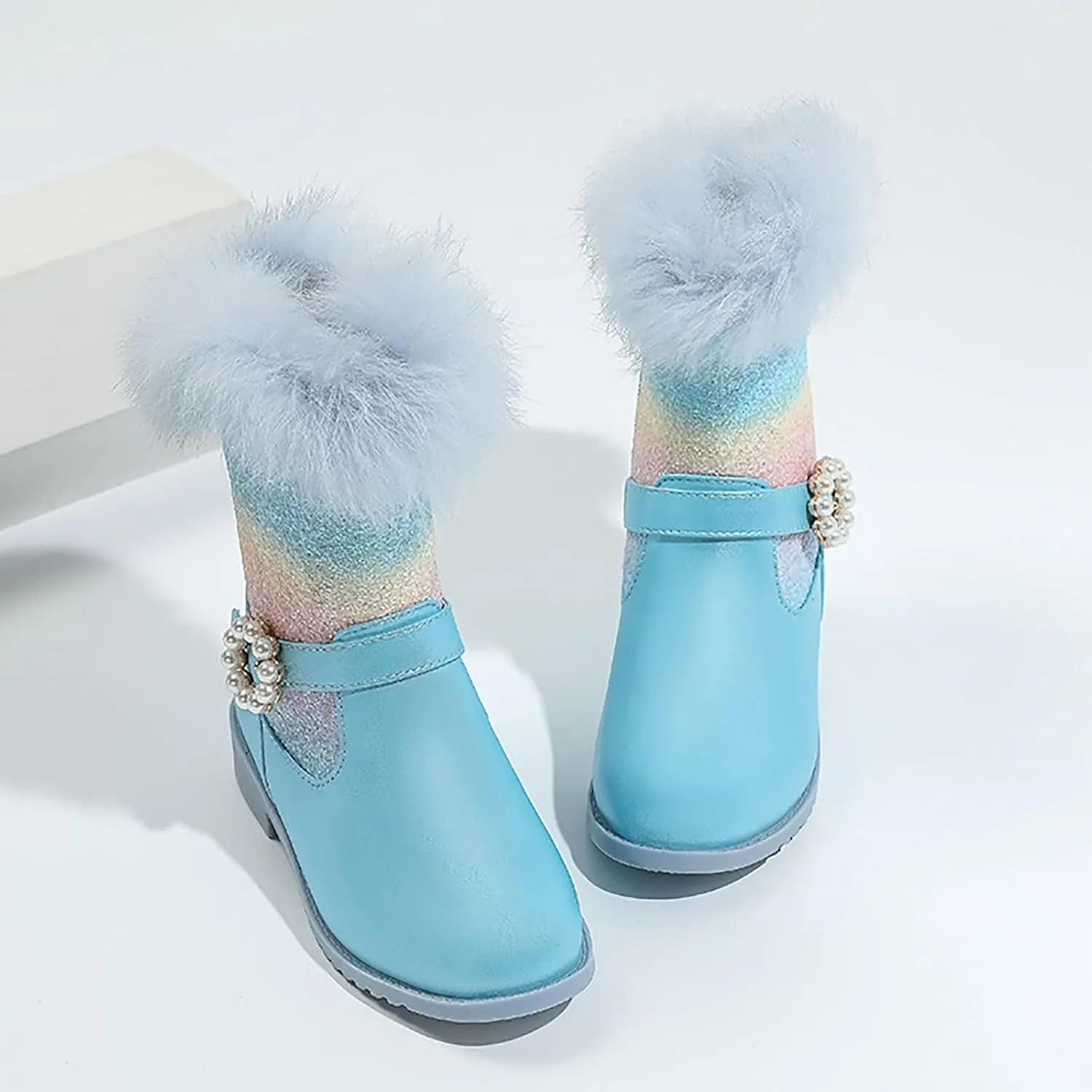Girls Winter Low Heels Glitter Princess Boots Warm Fur Boots Rainbow Cowboy Ankle Boots Kids Party Birthday Dress Up Dance