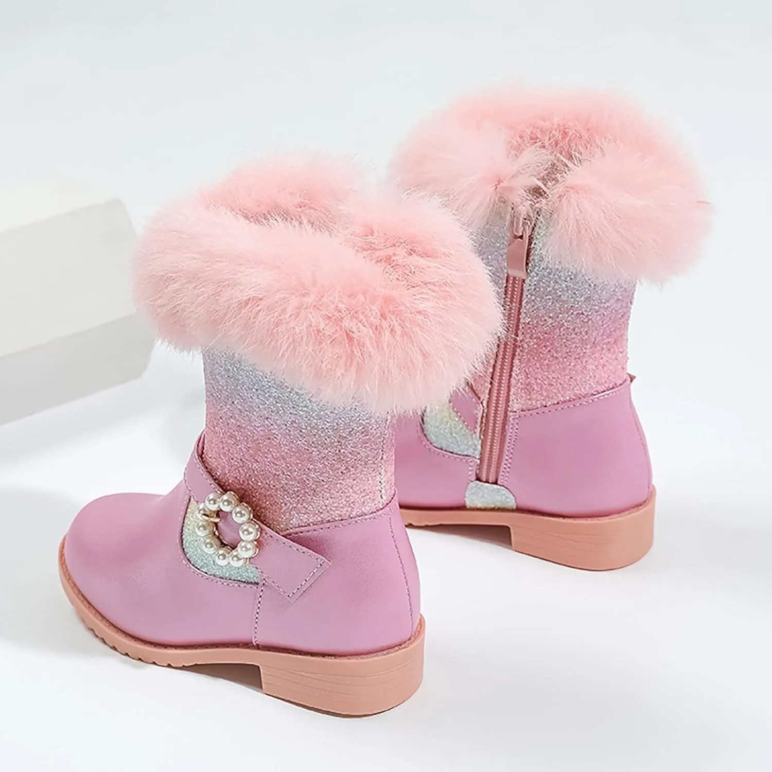 Girls Winter Low Heels Glitter Princess Boots Warm Fur Boots Rainbow Cowboy Ankle Boots Kids Party Birthday Dress Up Dance