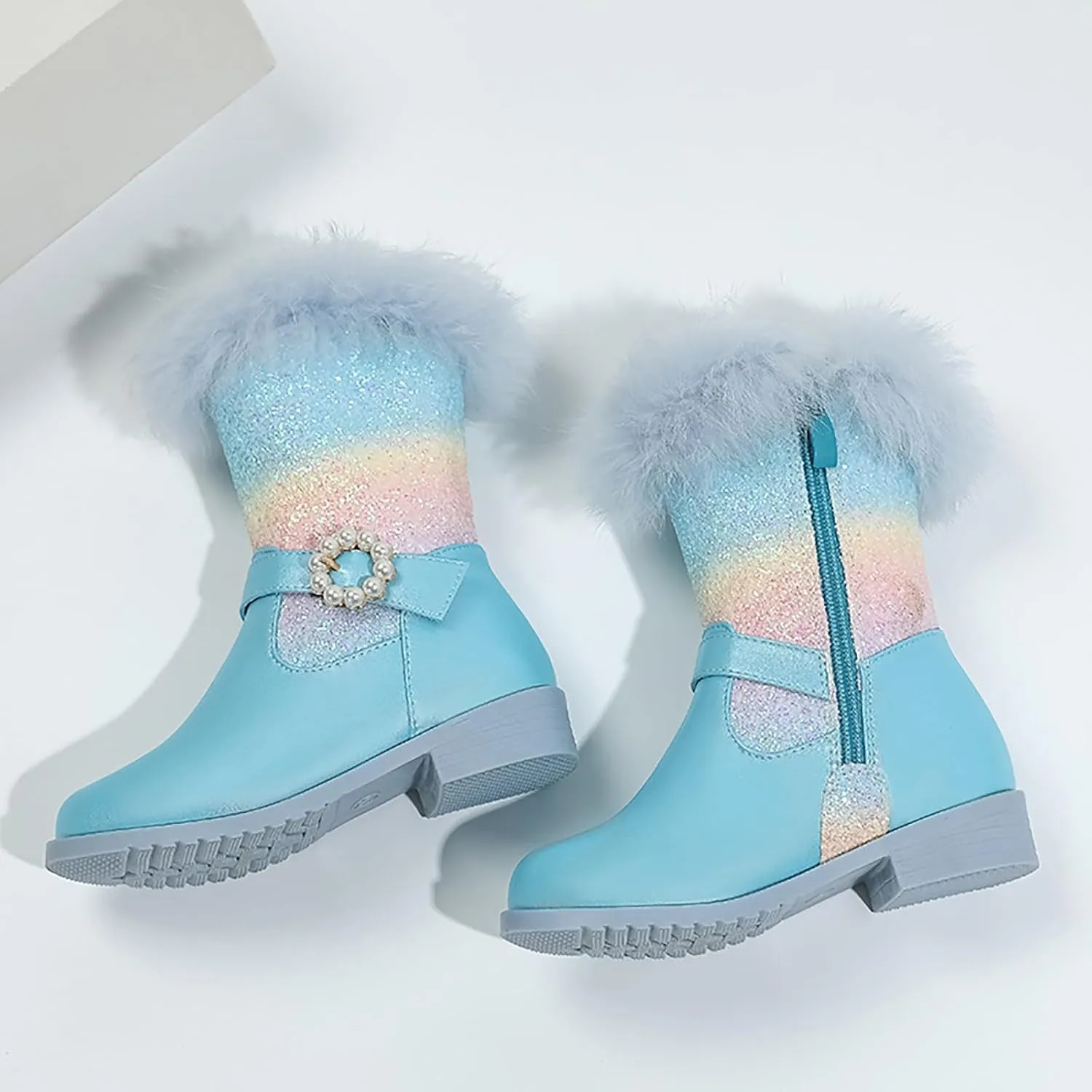 Girls Winter Low Heels Glitter Princess Boots Warm Fur Boots Rainbow Cowboy Ankle Boots Kids Party Birthday Dress Up Dance